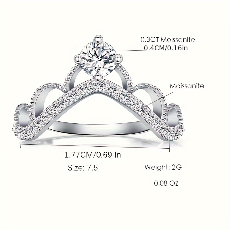 S925 Silver Ring Moissanite Stone Crown Tiara Wedding Band Mother's Ring